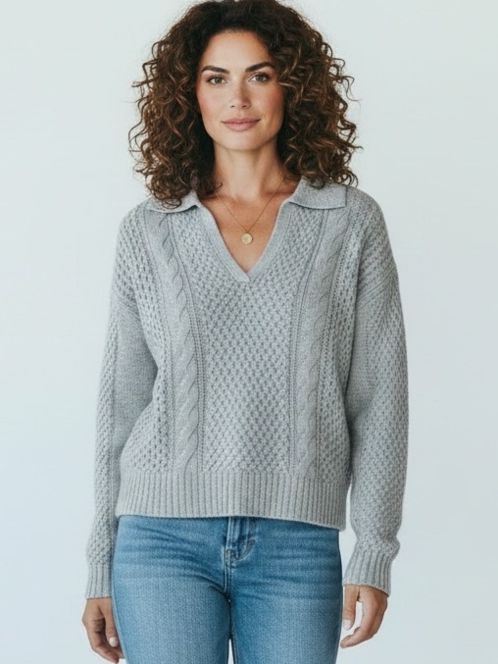JASON WU Wool Blend Gray Cropped Cable Knit V Neck Collar Sweater Women’s SZ S